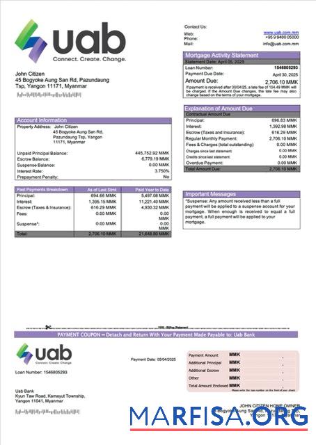 Printable Myanmar uab Bank mortgage statement Word and PDF template
